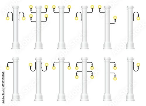 Array of streetlights in repeating pattern illuminated with yellow lights. Variety of lighting configurations on white posts.