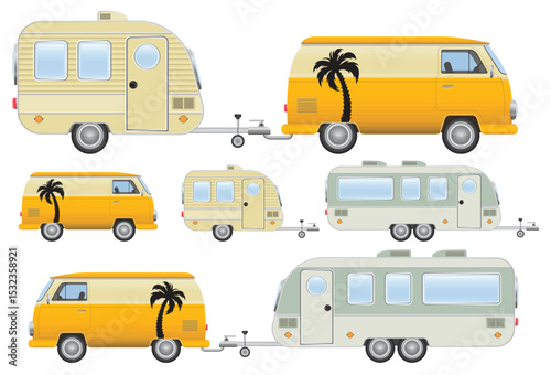 Collection of colorful vintage campers and vans in varying shades and sizes, each with a unique charm for road trip enthusiasts.