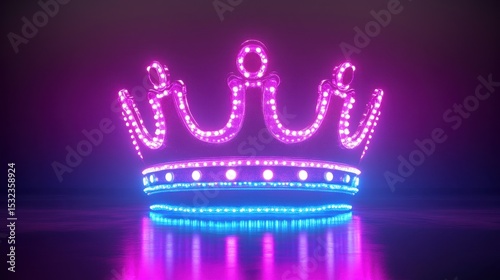 Crown Neon. 3D Rendered Artwork of Neon Crown on Stage with Abstract Blue Lighting