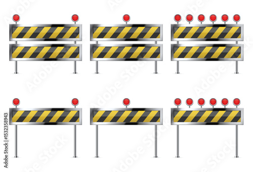 Cautionary barricades with reflective warning lights and hazard stripes. Safety and traffic control in construction or road work areas.