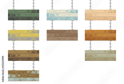 A collection of distressed wooden signs, each suspended by metal chains. They present an array of colors, creating a rustic, vintage feel.