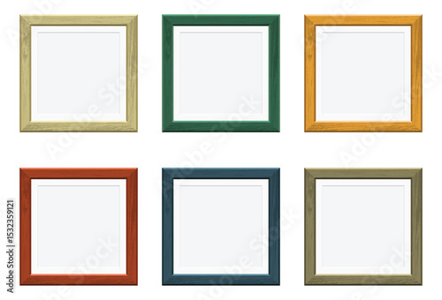 A set of colorful frames arranged in a grid, showcasing various wood finishes and simple design, ideal for displaying photos or art.