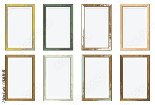A diverse collection of eight rustic picture frames, each a canvas of color and texture, arranged in an array.