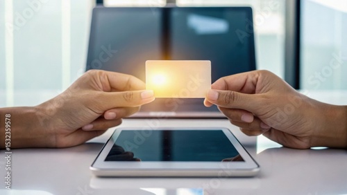 Two hands holding a blank credit card above a tablet, with a blurred laptop in the background, symbolizing online transactions or digital payments.