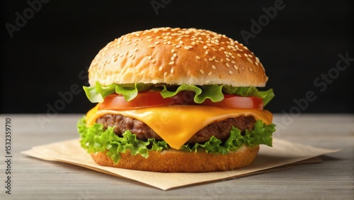 Juicy cheeseburger with fresh lettuce, tomato, and a sesame seed bun on a wooden surface, perfect for food photography.