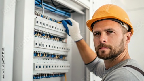Electrician working on a circuit board, wearing a yellow hard hat and gloves, focused on wiring connections.