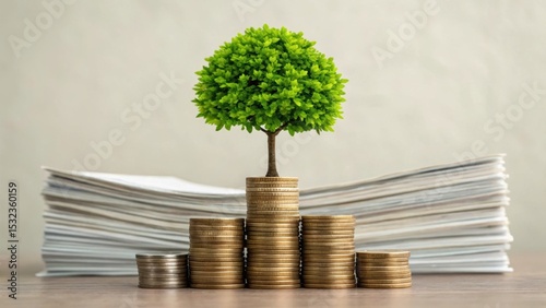 A tree grows from a stack of coins, symbolizing growth and prosperity amidst financial documents.