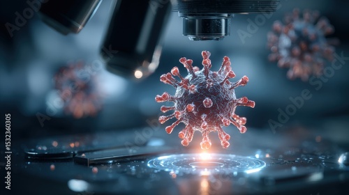 A virus is seen magnified under a microscope in a lab dedicated to researching infectious diseases. The intricate details of the virus structure are highlighted by the microscope's lens