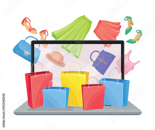 Online shop web site on laptop screen with clothing items in cart vector illustration
