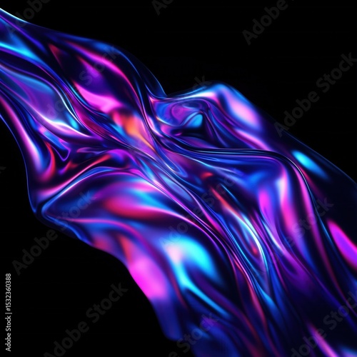 Smooth flowing fabric in pink, blue, and purple with a glossy shine on black background