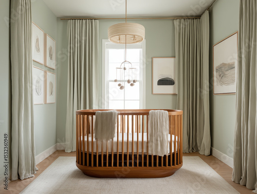 midimalist nursery with rounded wooden crib, pale green walls, linen drapes, minimal graphic mobile