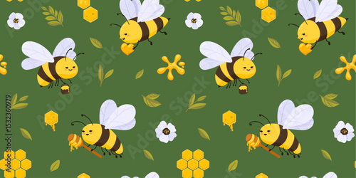 Cartoon bees, owls, anemones, honey drops and music notes in creative seamless floral background. Funny flat style design for fabric, clothing, poster or paper goods.  Flat seamless green pattern.  photo