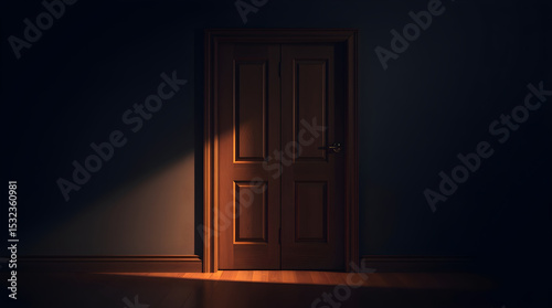Light beam entering dark room through closed door