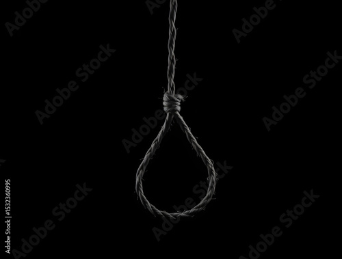 Rope hanging from above with noose knot on dark background