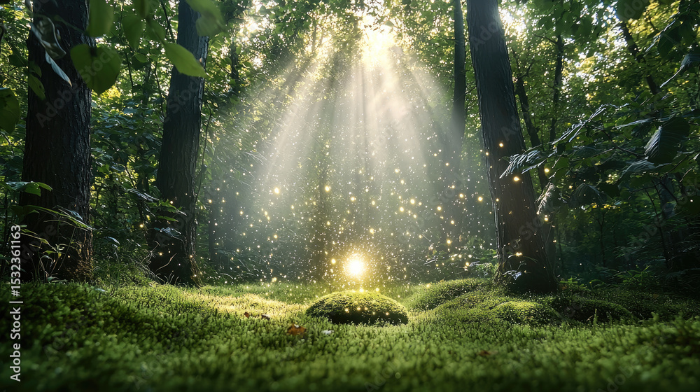 Obraz premium Magical forest sunlight, green moss, glowing light, sparkling particles, peaceful nature, morning woods