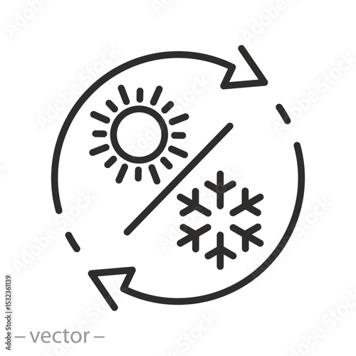 sun and snowflake logo, climate control, conditioning icon, hot and cold temperature regulation, arrows rotate circle , thin line vector illustration