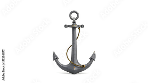 Old metal anchor with rope on white background