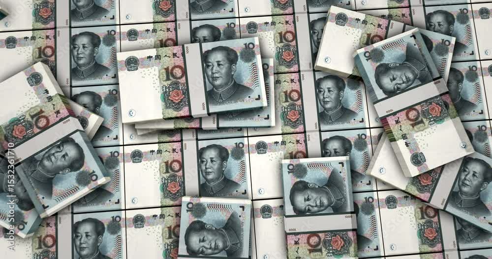 China money Chinese yuan renminbi banknotes 3d animation. 10 CNY packs concept of inflation, economy, crisis, business, banking, debt and finance.