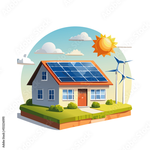 house photovoltaic solar panels plant, wind and rechargeable vector clip art icon design