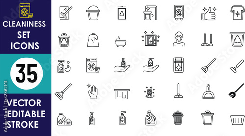 35 vector cleanliness icons including mop, bucket, detergent, washing machine, soap, hand sanitizer, plunger, trash bin, gloves, towel, shower, sponge, and handwashing