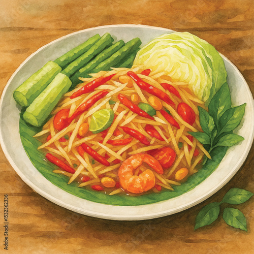 Som Tum Thai with Dried Shrimp and Chili – Watercolor PNG Clipart