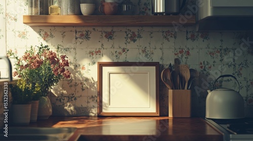 A picture frame is shown in a kitchen. It's a computer-generated image.
