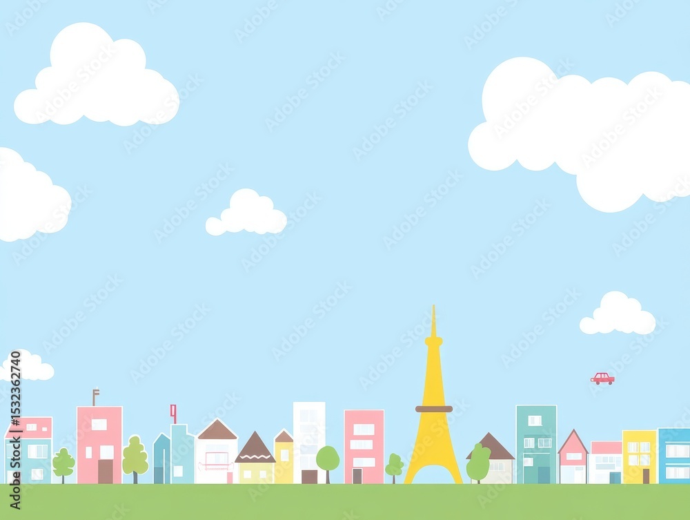 Fototapeta premium Pastel Cityscape Illustration Light Blue Sky, Fluffy Clouds, and Yellow Tower