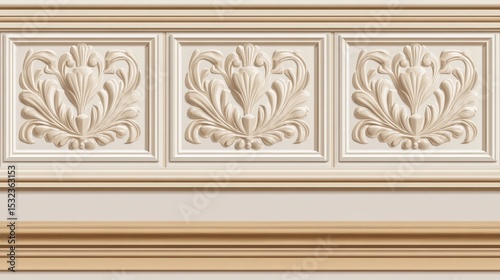 A seamless pattern shows beige wall panels with a chair rail on a white wall. The bottom has a light wood baseboard under the vintage panels. Vector image.
