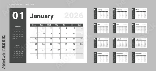 Set of 12 Pages Monthly Calendar Planner Templates on 2026 year. Vector mockup of wall or desktop calendar with the week starting on Monday for printing in monochrome color. Page for size A4-21x29.7cm