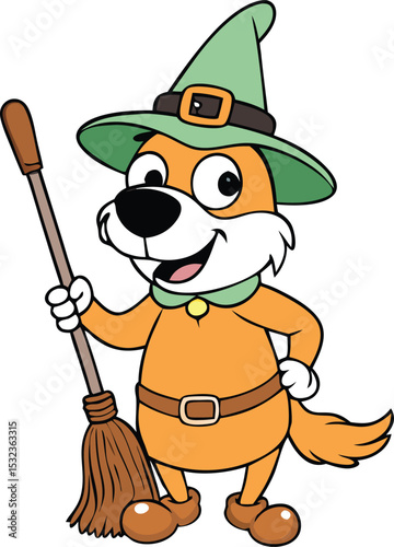 dog with witch broom halloween flying pet vector