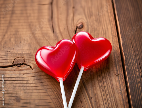 Two red heart lollipops resting on rustic wooden table