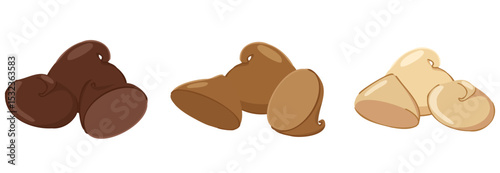 Set of various chocolate drops compositions. Vector cartoon dessert collection with dark, milk and white chocolate chips for food design, baking visuals, menu decoration, candy packaging, digital icon