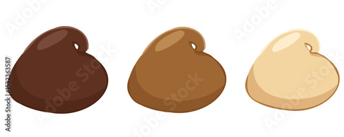 Set of various chocolate drops. Vector cartoon dessert collection with dark, milk and white chocolate chips for food design, baking visuals, menu decoration, candy packaging, digital icons