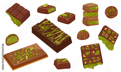 Vector illustration of Dubai chocolate bars with pistachio paste and kataifi dough. Hand drawn sweets with milk and dark chocolate. For confectionery packaging, menu, catalog spreads, product cards