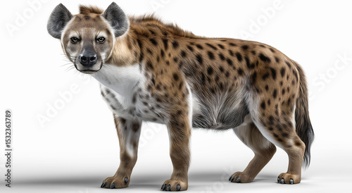 Hyena's Stare: A striking image of a hyena, its spotted coat and keen eyes dominating the frame, perfectly portraying the animal's wild essence, standing in the forefront.