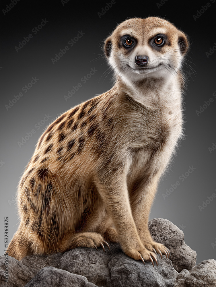 Fototapeta premium Alert Meerkat Posing Gracefully: An attentive meerkat, perched regally atop a stone, captures the eye with its focused gaze.