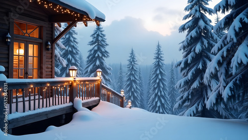 Cozy wooden cabin in a snowy winter wonderland with glowing lights and illuminated porch with frosty pine trees