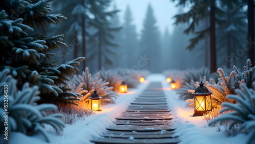 Winter wonderland pathway illuminated with glowing lanterns through a snowy forest landscape creating a tranquil and magical atmosphere
