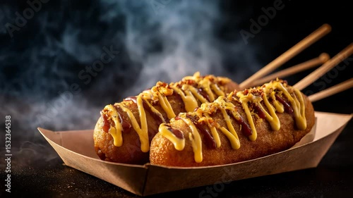 Three golden brown corn dogs on wooden sticks, drizzled with yellow mustard and dark brown sauce, sit in a brown cardboard boat on a dark background with steam rising. Close up shot.