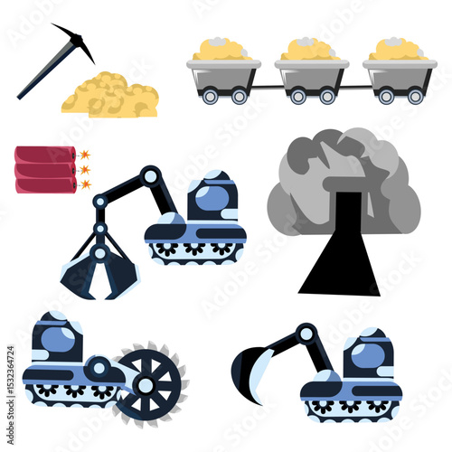 Set of icons of coal mining equipment.