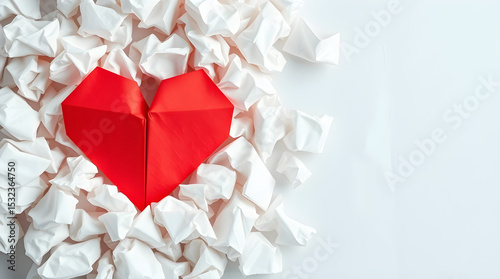 Red origami heart emerging from crumpled paper balls on white background