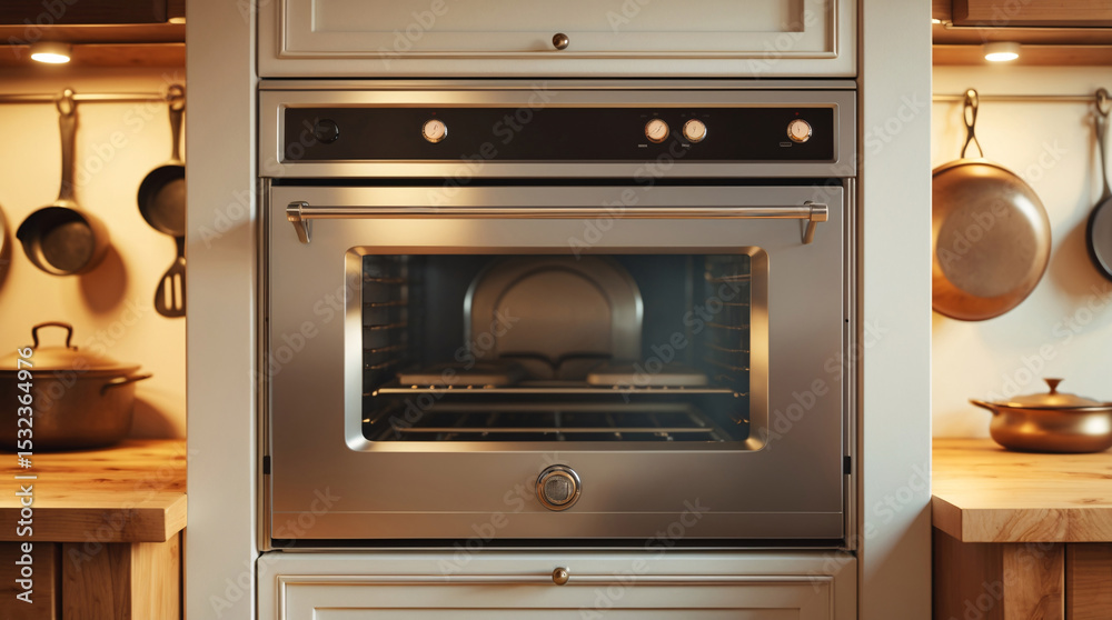 Obraz premium Afternoon glow on retro kitchen oven with modern white cabinetry aesthetic kitchen interior design wallpaper background