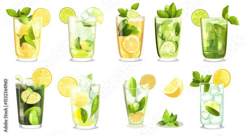 Set of caipirinha mojita cocktails with lemon on white background

