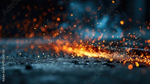 Glowing metal sparks in motion, a dance of fiery particles. Industrial energy transformed into abstract art.