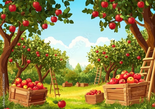 Sunlit Apple Orchard Abundant Red Apples in Wooden Crates