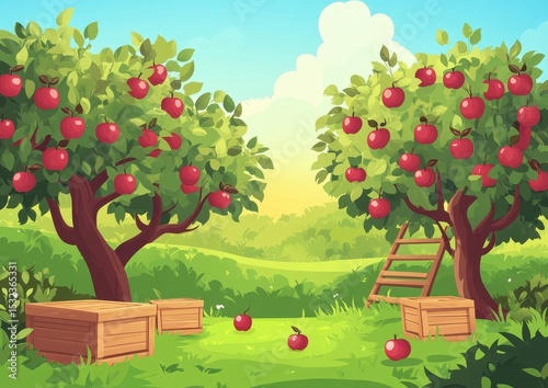 Sunny Orchard Pixel Art Red Apples, Wooden Crates, and Ladder