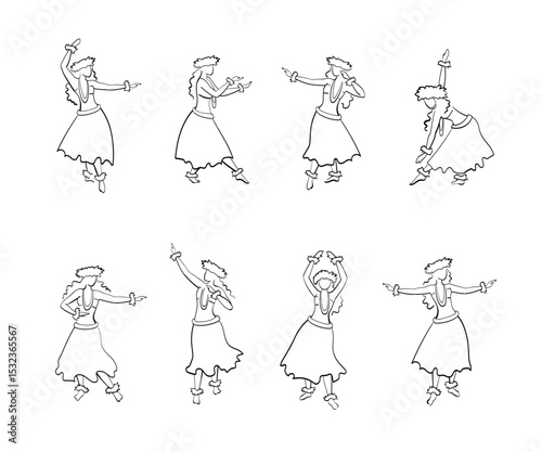 Graceful woman performing Hawaiian dance hula, moves in hand drawn sketches. Editable line art