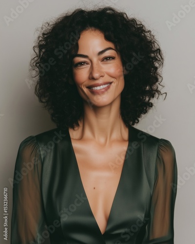 Stylish woman with curly hair smiling