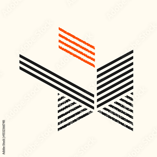 Minimilist abstract geometric composition with black and orange stripes forming a cuboid like structure vector