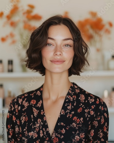 Woman in Floral Dress Smiling with Soft Background